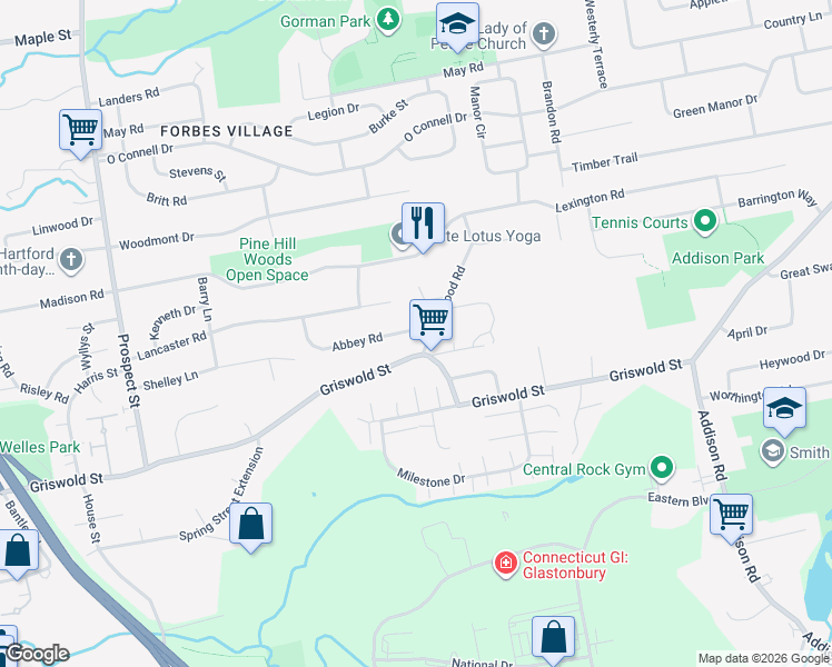 map of restaurants, bars, coffee shops, grocery stores, and more near 511 Griswold Street in Glastonbury