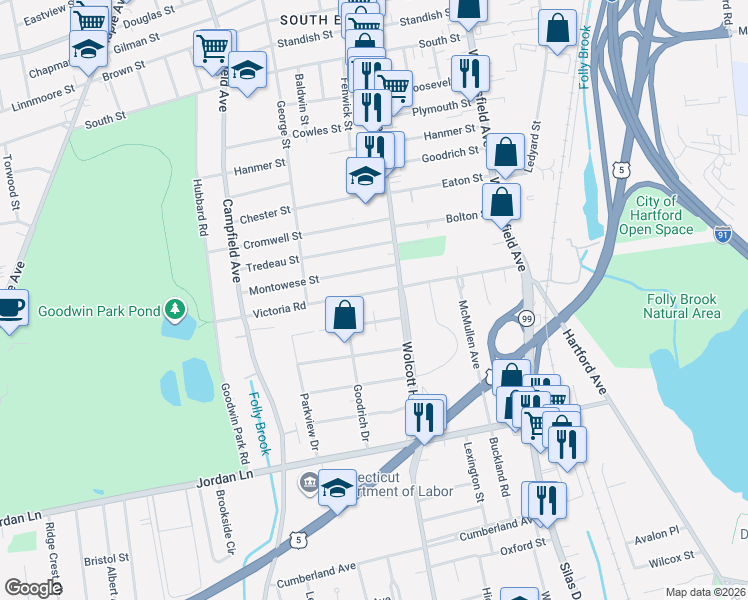 map of restaurants, bars, coffee shops, grocery stores, and more near 16 Stillman Road in Wethersfield