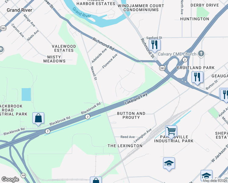 map of restaurants, bars, coffee shops, grocery stores, and more near 792 Newell Street in Painesville