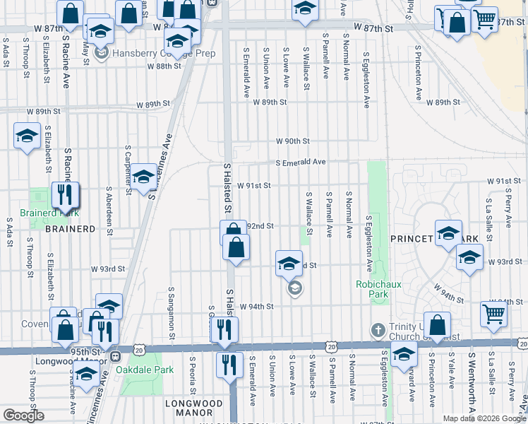 map of restaurants, bars, coffee shops, grocery stores, and more near 9157 South Emerald Avenue in Chicago