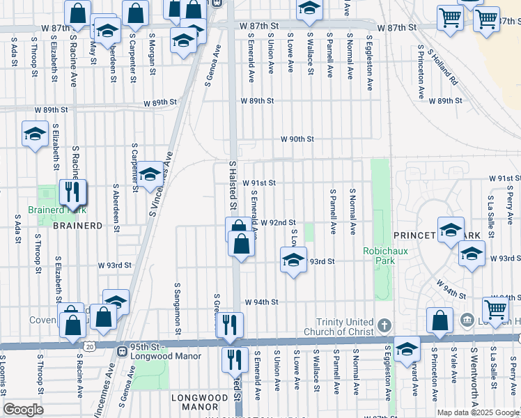 map of restaurants, bars, coffee shops, grocery stores, and more near 9157 South Emerald Avenue in Chicago