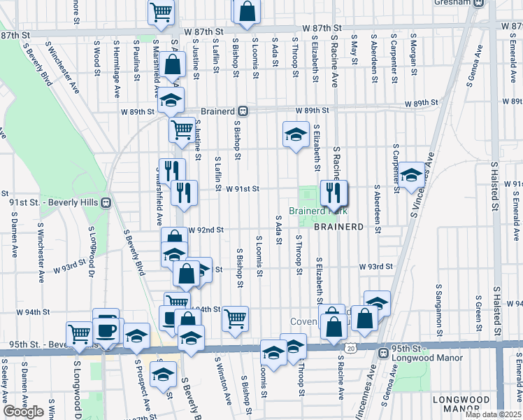map of restaurants, bars, coffee shops, grocery stores, and more near 9151 South Bishop Street in Chicago