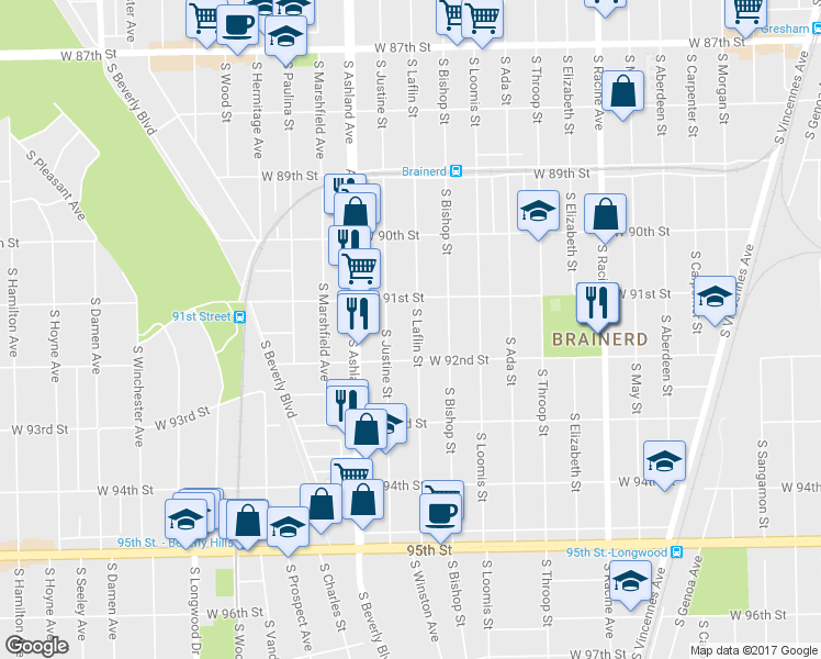 map of restaurants, bars, coffee shops, grocery stores, and more near 9153 South Laflin Street in Chicago