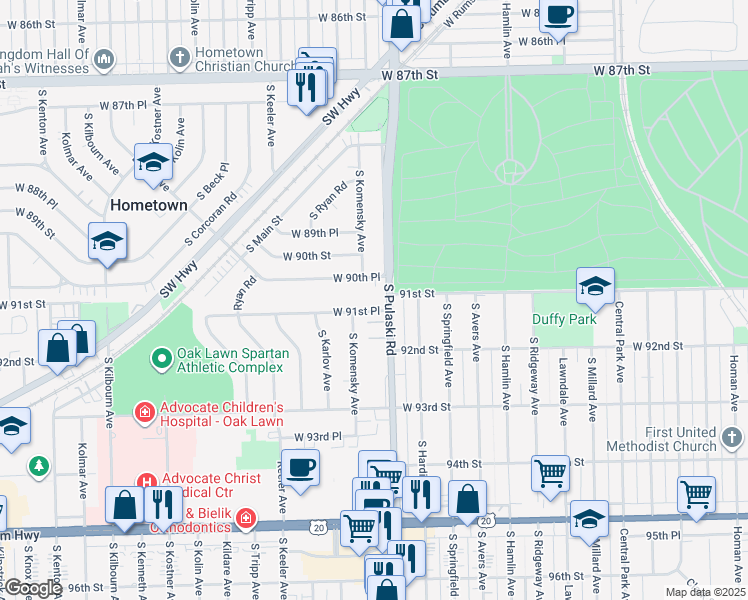 map of restaurants, bars, coffee shops, grocery stores, and more near 9115 South Komensky Avenue in Oak Lawn