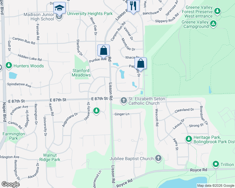 map of restaurants, bars, coffee shops, grocery stores, and more near 2200 Mercer Court in Naperville