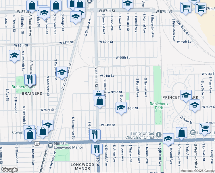 map of restaurants, bars, coffee shops, grocery stores, and more near 9157 South Emerald Avenue in Chicago