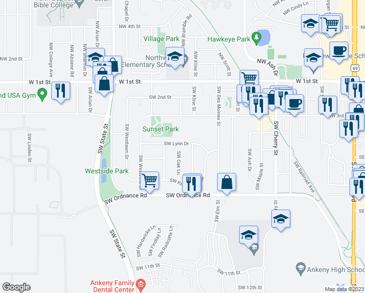 map of restaurants, bars, coffee shops, grocery stores, and more near 1201 Southwest Lynn Drive in Ankeny