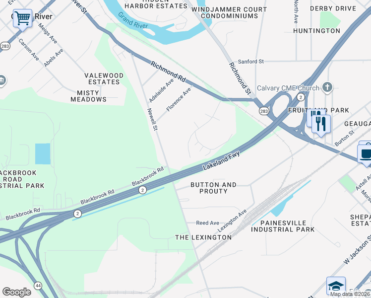 map of restaurants, bars, coffee shops, grocery stores, and more near 792 Newell Street in Painesville