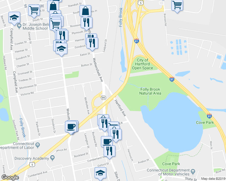 map of restaurants, bars, coffee shops, grocery stores, and more near 516 Hartford Avenue in Wethersfield