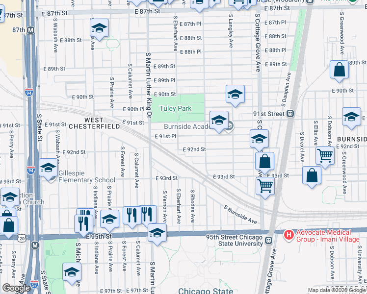 map of restaurants, bars, coffee shops, grocery stores, and more near 510 East 92nd Street in Chicago
