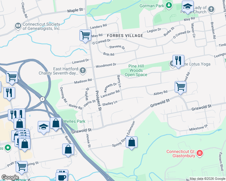 map of restaurants, bars, coffee shops, grocery stores, and more near 42 Lancaster Road in Glastonbury