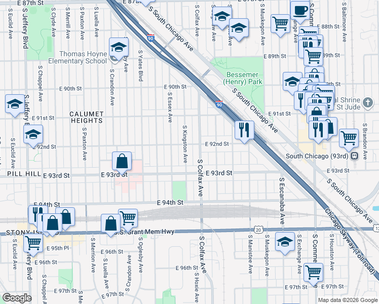 map of restaurants, bars, coffee shops, grocery stores, and more near 9215 South Kingston Avenue in Chicago