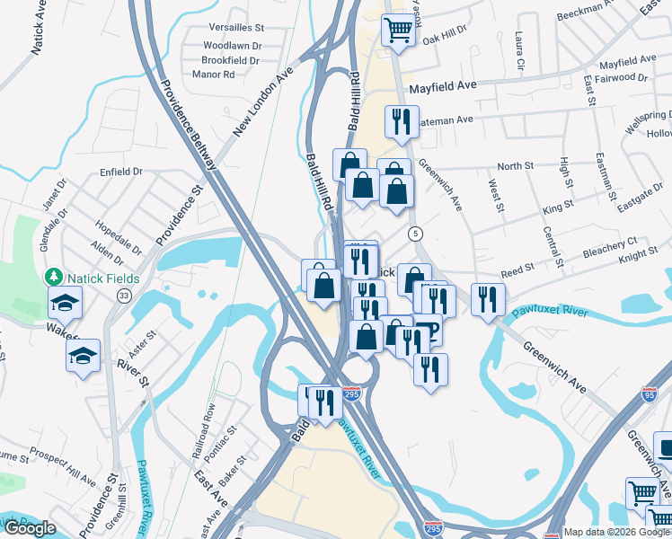 map of restaurants, bars, coffee shops, grocery stores, and more near 399 Bald Hill Road in Warwick