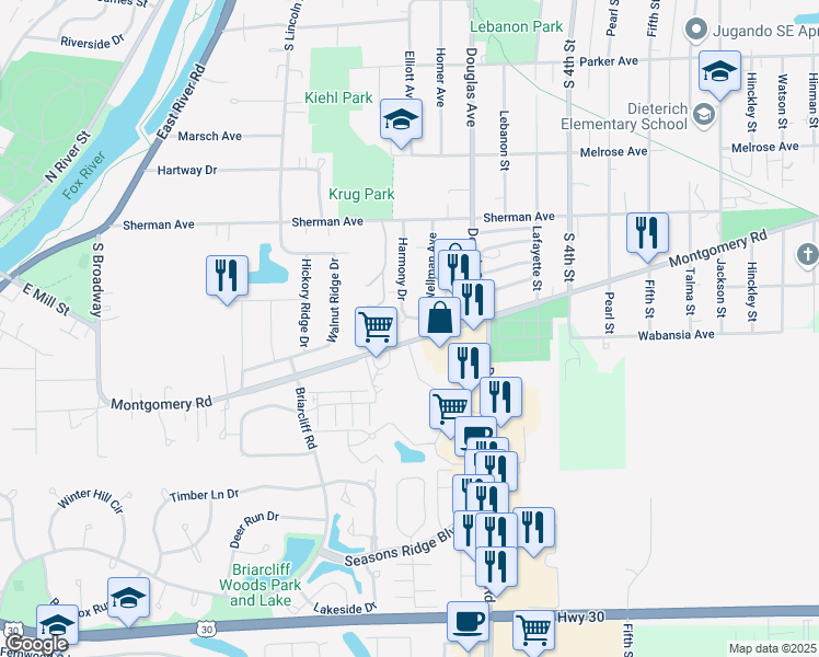 map of restaurants, bars, coffee shops, grocery stores, and more near 1027 Harmony Drive in Montgomery