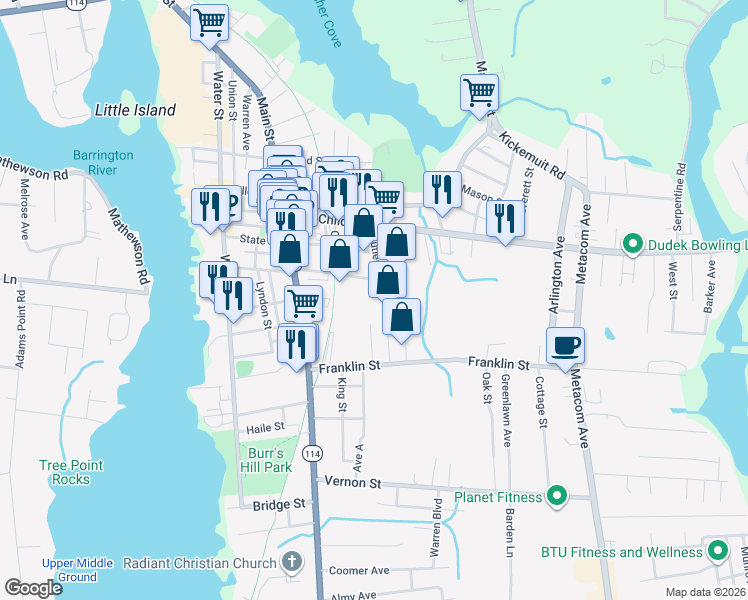 map of restaurants, bars, coffee shops, grocery stores, and more near 141 Cutler Street in Warren