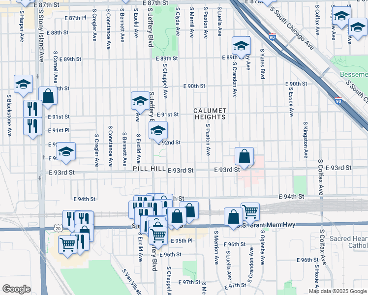 map of restaurants, bars, coffee shops, grocery stores, and more near 9211 South Clyde Avenue in Chicago