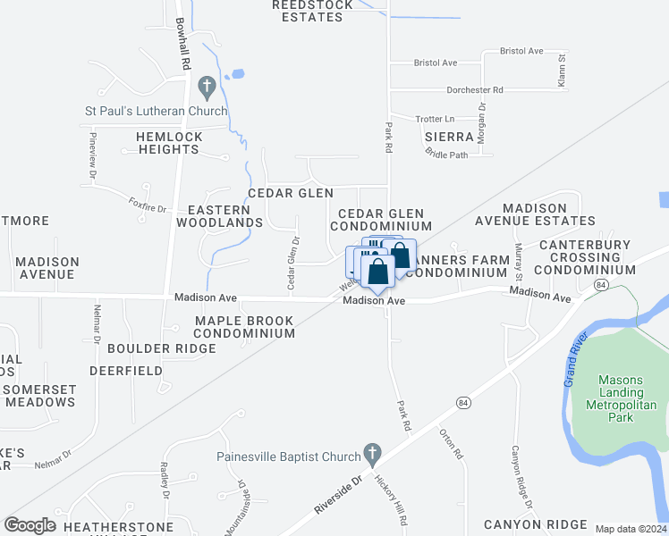 map of restaurants, bars, coffee shops, grocery stores, and more near 1460 Amberwood Lane in Painesville
