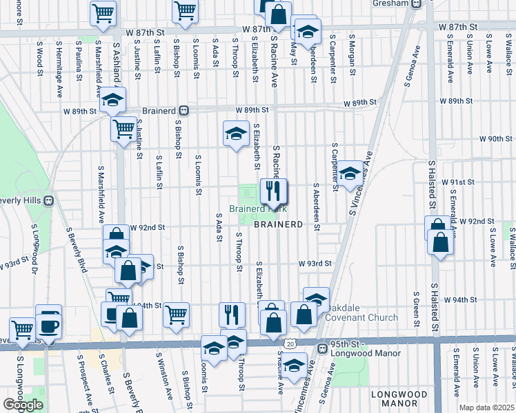 map of restaurants, bars, coffee shops, grocery stores, and more near 8920 South Loomis Street in Chicago