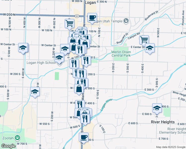 map of restaurants, bars, coffee shops, grocery stores, and more near 46 East 200 South in Logan