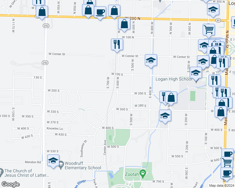 map of restaurants, bars, coffee shops, grocery stores, and more near 255 South 600 West in Logan