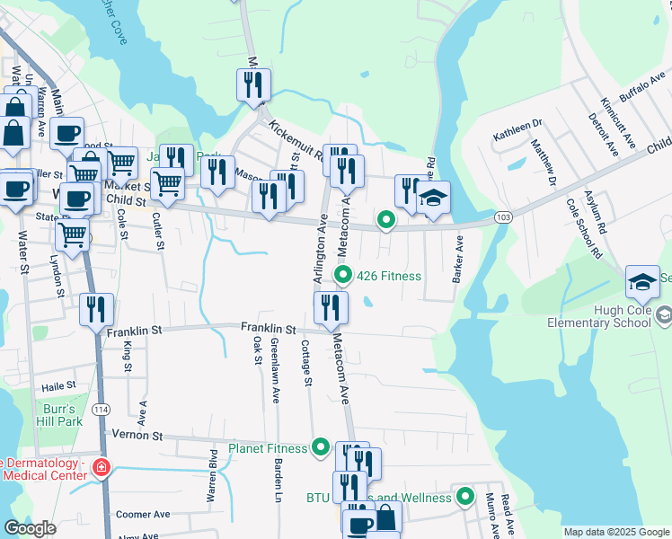 map of restaurants, bars, coffee shops, grocery stores, and more near 426 Metacom Avenue in Warren