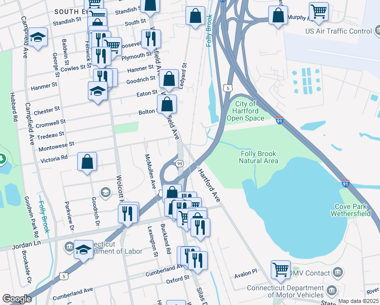 map of restaurants, bars, coffee shops, grocery stores, and more near 48 Silas Deane Highway in Wethersfield