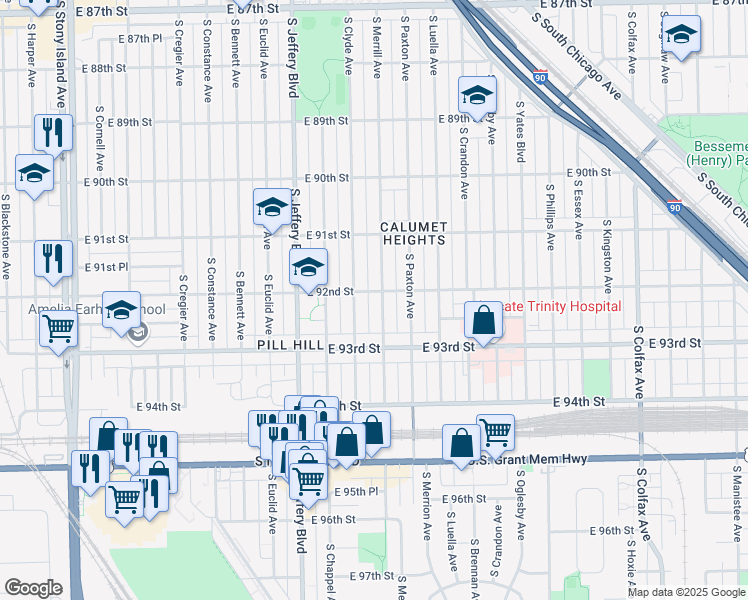 map of restaurants, bars, coffee shops, grocery stores, and more near 9235 South Merrill Avenue in Chicago