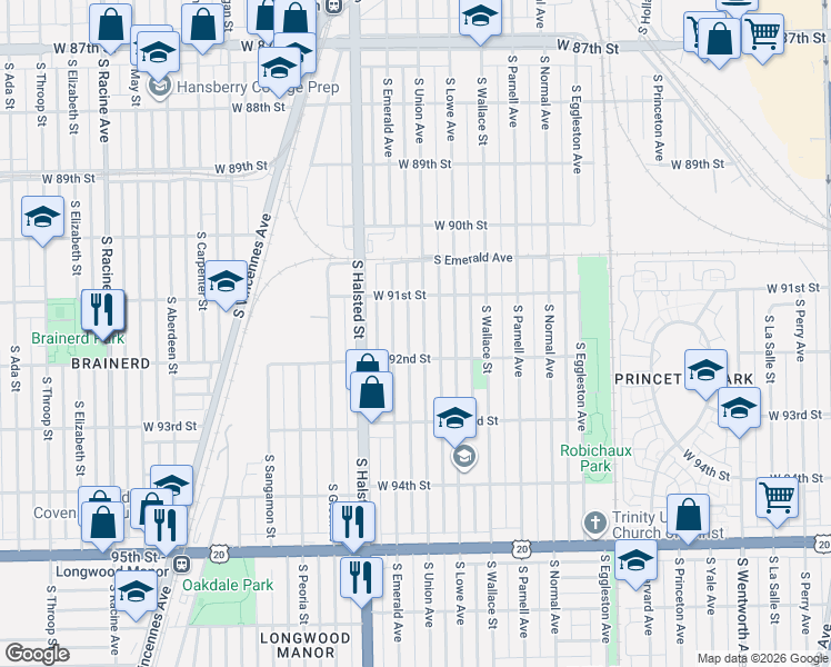 map of restaurants, bars, coffee shops, grocery stores, and more near 9157 South Emerald Avenue in Chicago