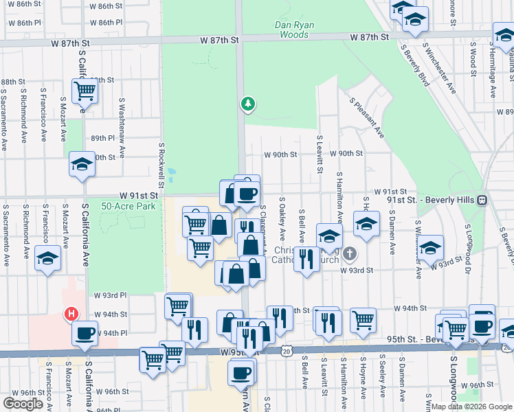 map of restaurants, bars, coffee shops, grocery stores, and more near 9143 South Claremont Avenue in Chicago