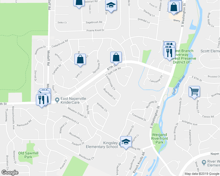 map of restaurants, bars, coffee shops, grocery stores, and more near 198 Briarheath Lane in Naperville