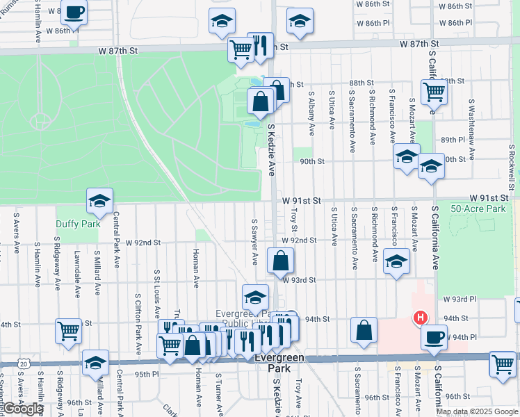 map of restaurants, bars, coffee shops, grocery stores, and more near 9130 South Sawyer Avenue in Evergreen Park