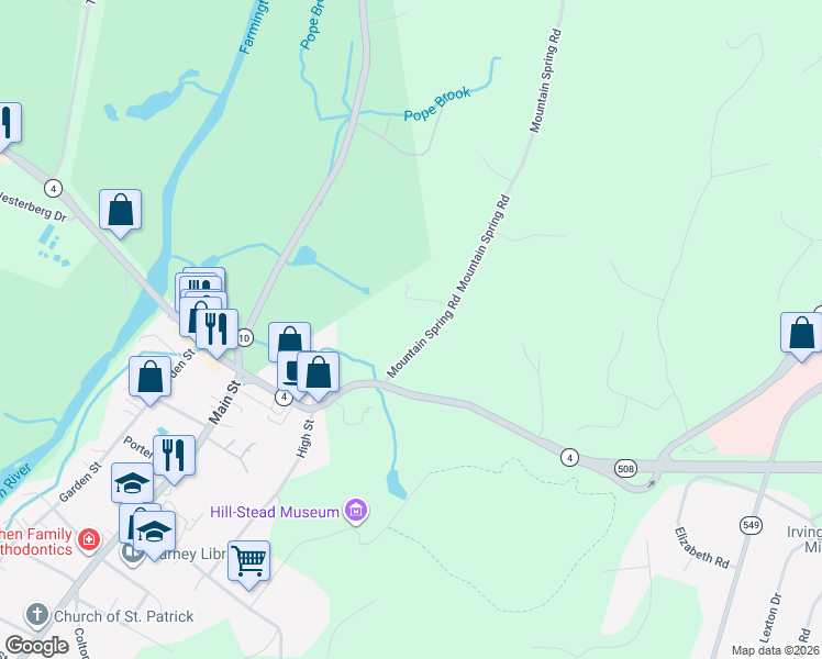 map of restaurants, bars, coffee shops, grocery stores, and more near 7 Mountain Spring Road in Farmington