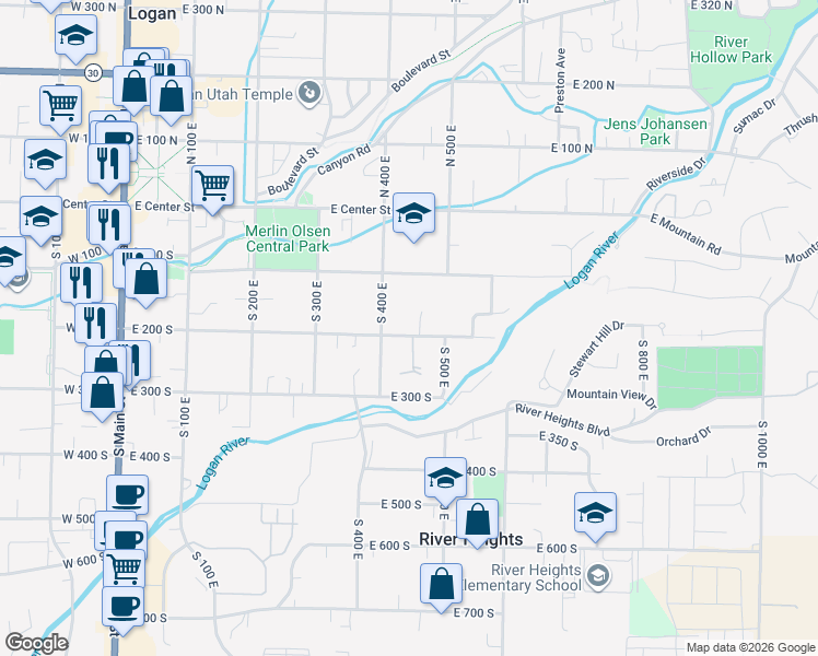 map of restaurants, bars, coffee shops, grocery stores, and more near 449 East 200 South in Logan