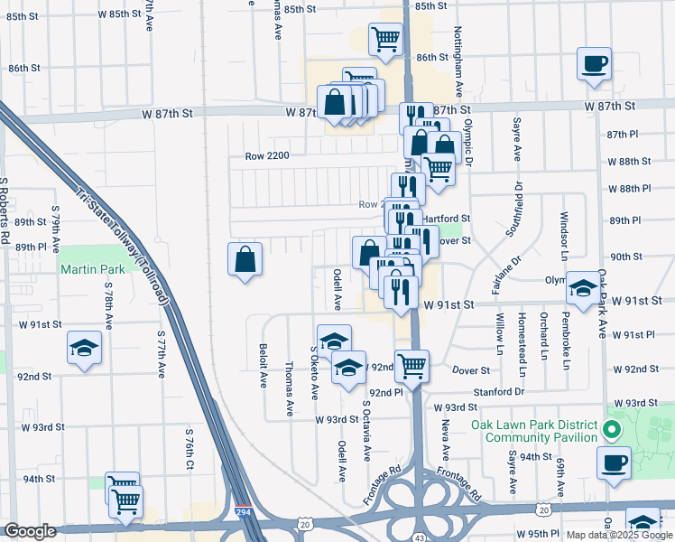 map of restaurants, bars, coffee shops, grocery stores, and more near 9011 Odell Ave in Bridgeview