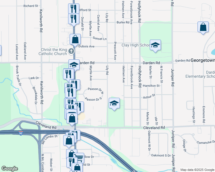 map of restaurants, bars, coffee shops, grocery stores, and more near 52900 Lily Road in South Bend