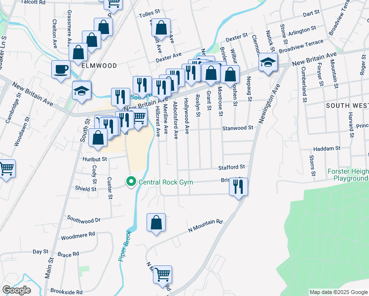 map of restaurants, bars, coffee shops, grocery stores, and more near 74 Abbotsford Avenue in West Hartford