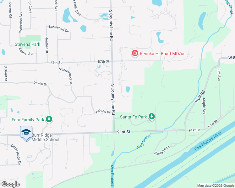 map of restaurants, bars, coffee shops, grocery stores, and more near 8804 Johnston Road in Burr Ridge