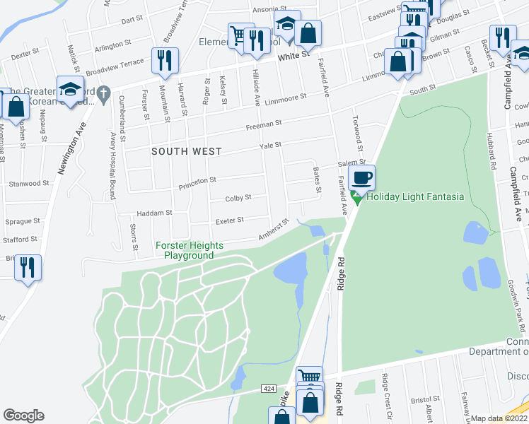 map of restaurants, bars, coffee shops, grocery stores, and more near 345 Hillside Avenue in Hartford