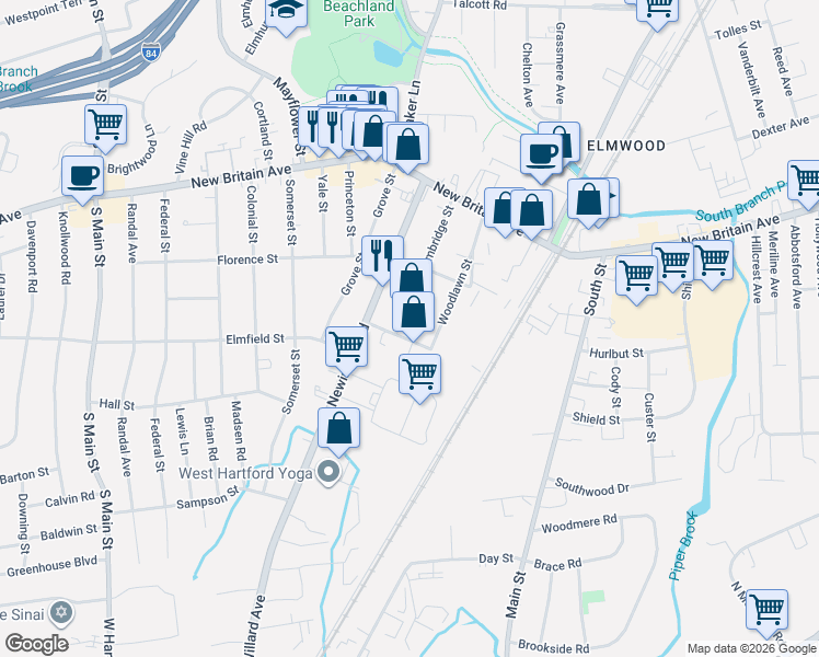 map of restaurants, bars, coffee shops, grocery stores, and more near 94 Cambridge Street in West Hartford