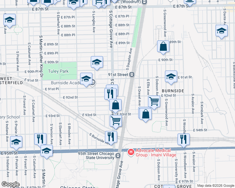 map of restaurants, bars, coffee shops, grocery stores, and more near 9121 South Cottage Grove Avenue in Chicago