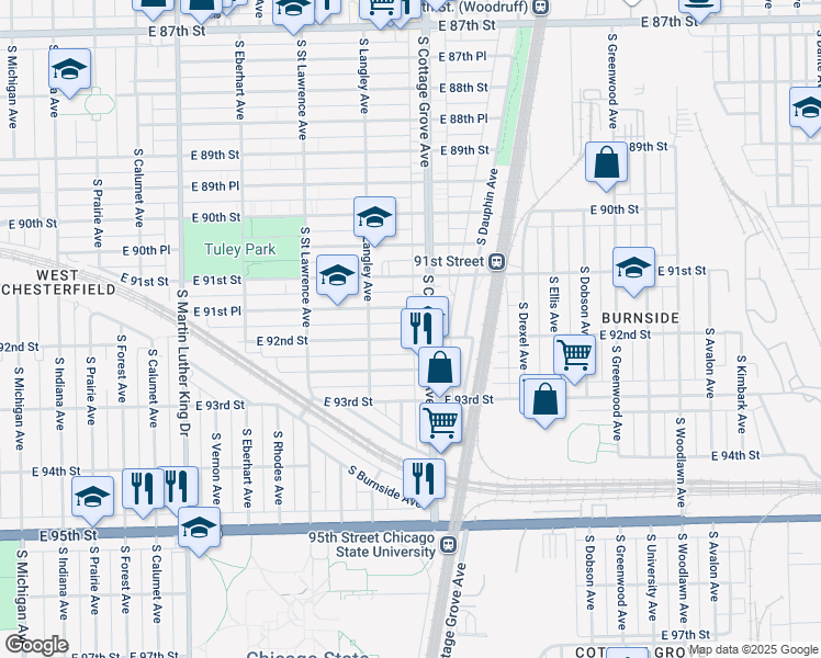 map of restaurants, bars, coffee shops, grocery stores, and more near 724 East 91st Place in Chicago