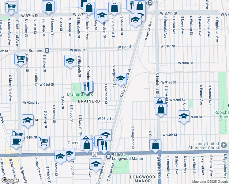 map of restaurants, bars, coffee shops, grocery stores, and more near 9105 South Carpenter Street in Chicago