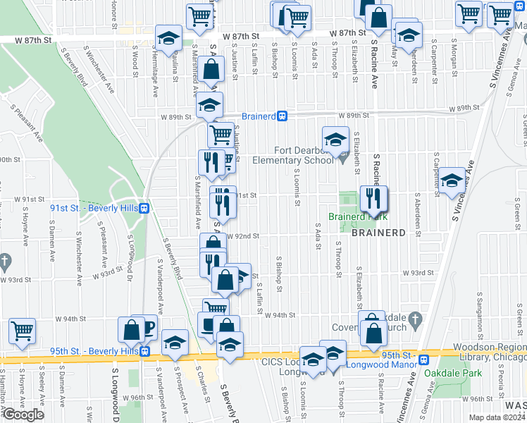 map of restaurants, bars, coffee shops, grocery stores, and more near 9101 South Laflin Street in Chicago