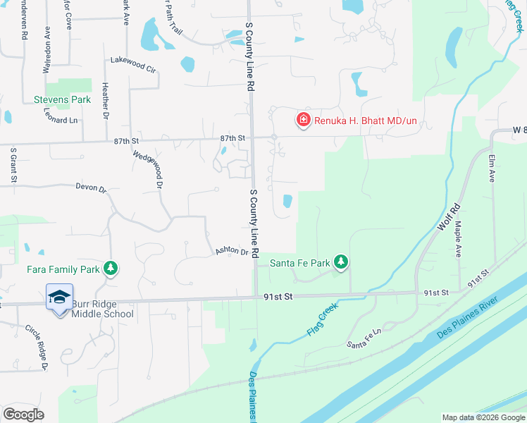 map of restaurants, bars, coffee shops, grocery stores, and more near 8804 Johnston Road in Burr Ridge