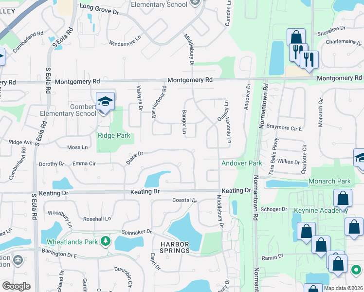 map of restaurants, bars, coffee shops, grocery stores, and more near 1493 Bangor Lane in Aurora