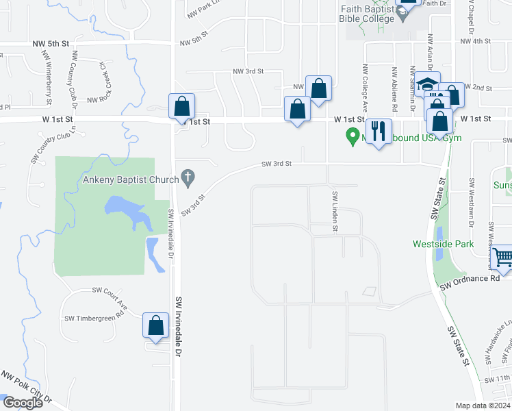 map of restaurants, bars, coffee shops, grocery stores, and more near 2605 Southwest 3rd Street in Ankeny