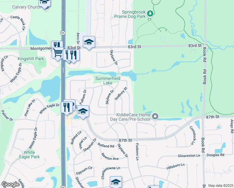 map of restaurants, bars, coffee shops, grocery stores, and more near 2016 Skylane Drive in Naperville