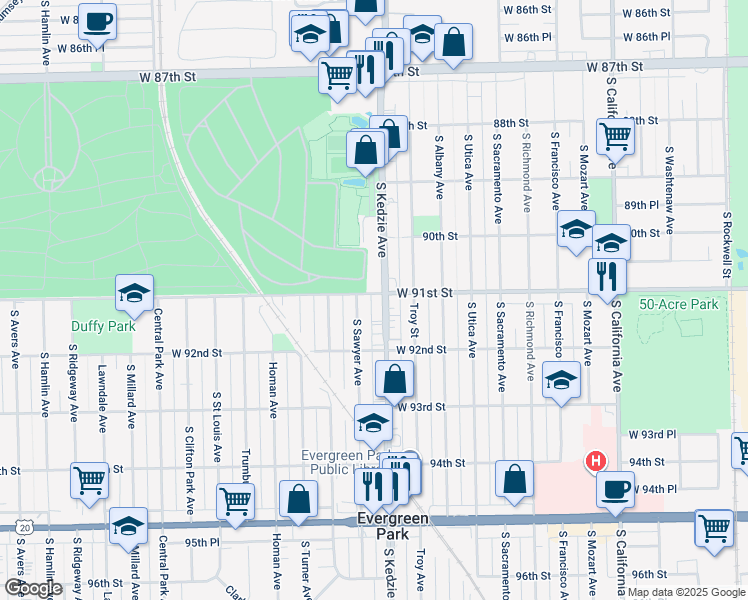 map of restaurants, bars, coffee shops, grocery stores, and more near in Evergreen Park