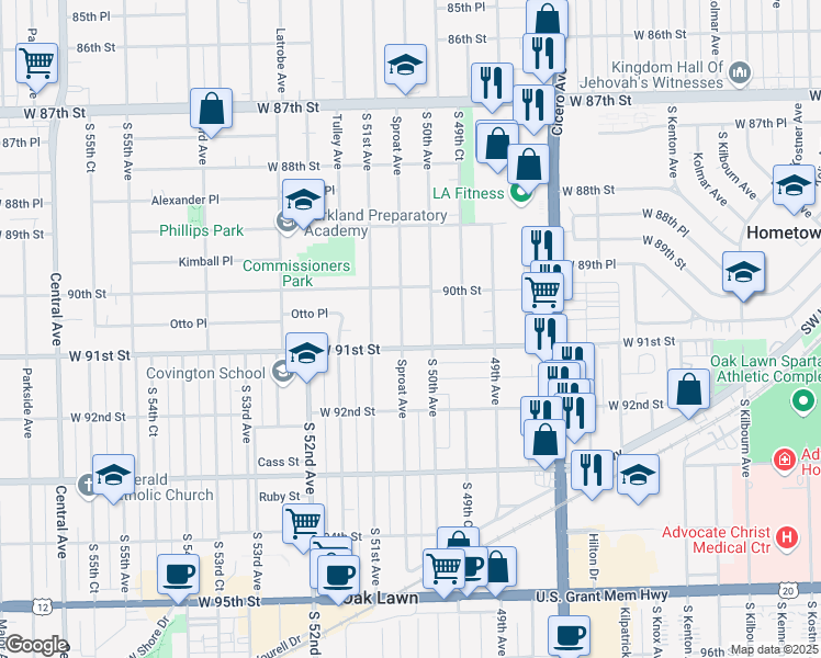 map of restaurants, bars, coffee shops, grocery stores, and more near 9033 Sproat Avenue in Oak Lawn
