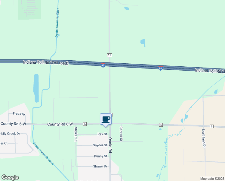 map of restaurants, bars, coffee shops, grocery stores, and more near 52711 County Road 11 in Elkhart